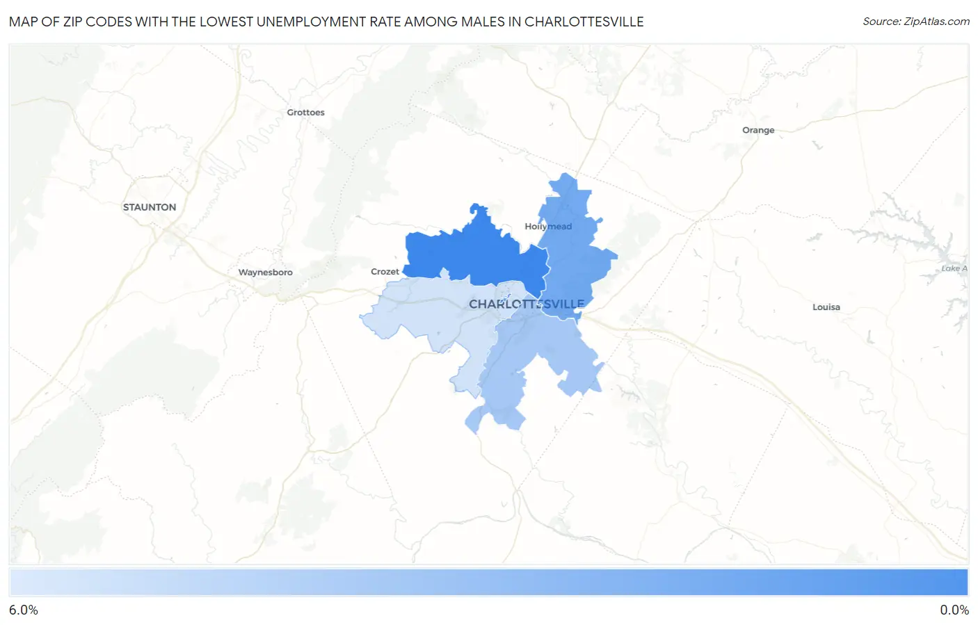 Zip Codes with the Lowest Unemployment Rate Among Males in Charlottesville Map