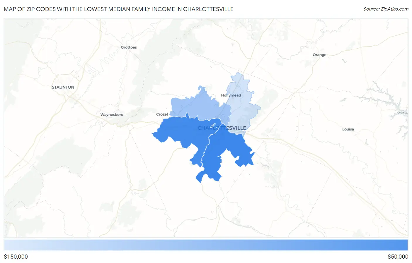 Zip Codes with the Lowest Median Family Income in Charlottesville Map