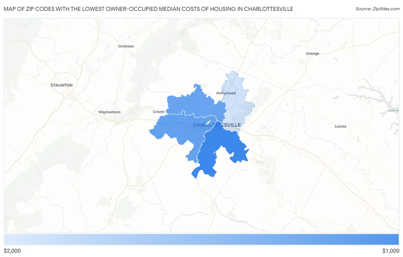 Zip Codes with the Lowest Owner-Occupied Median Costs of Housing in Charlottesville Map