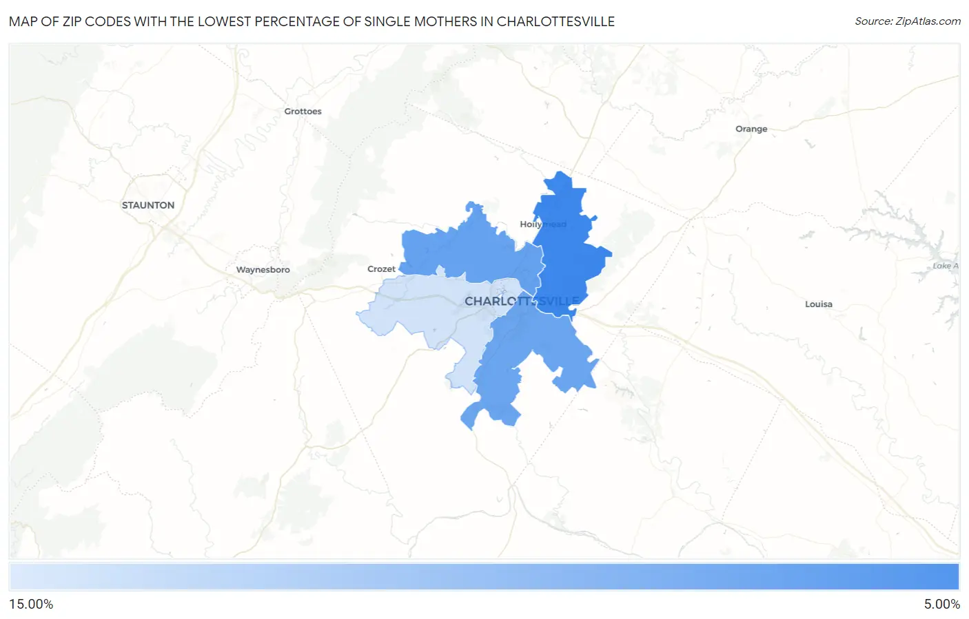 Zip Codes with the Lowest Percentage of Single Mothers in Charlottesville Map