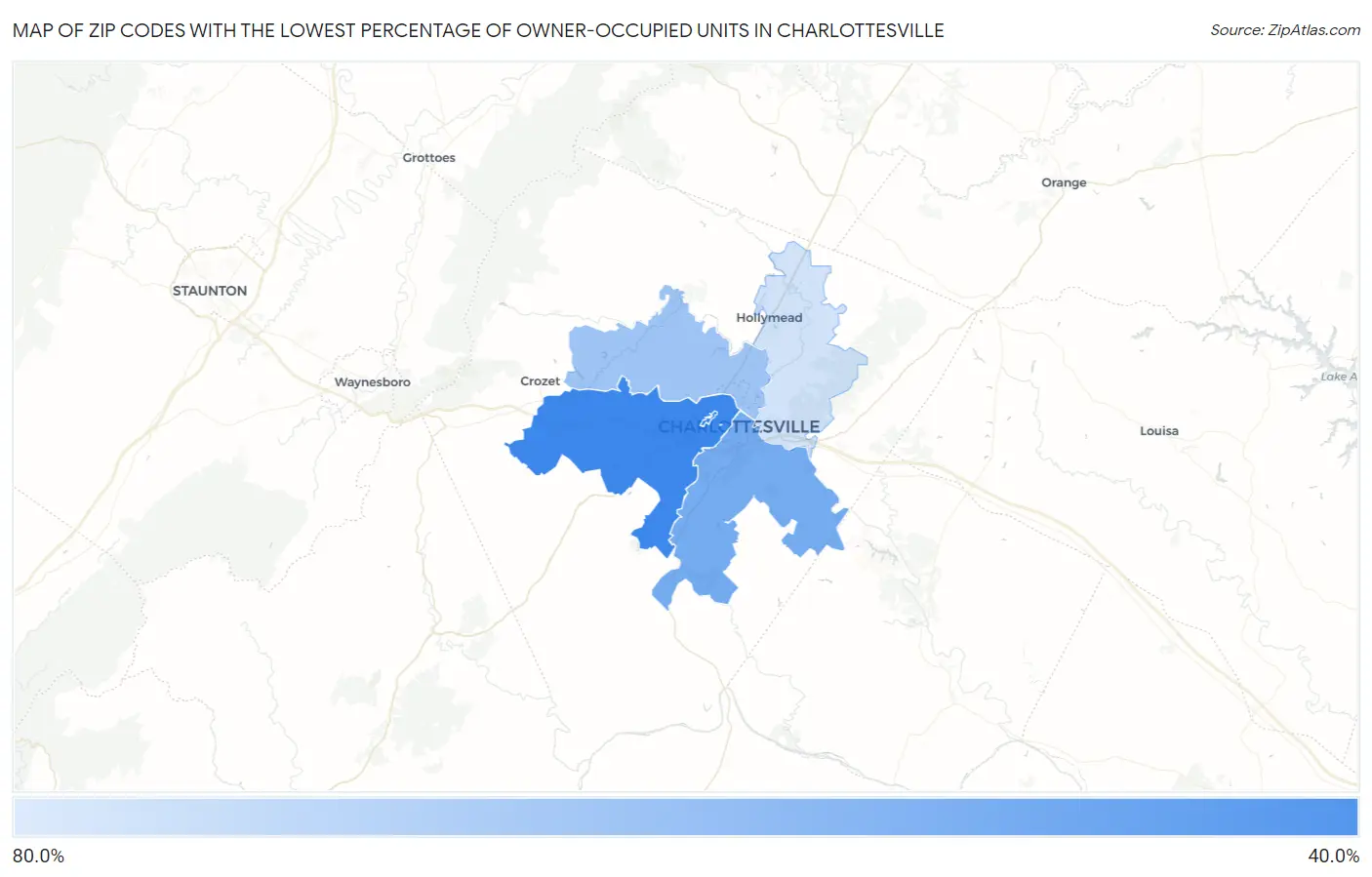 Zip Codes with the Lowest Percentage of Owner-Occupied Units in Charlottesville Map