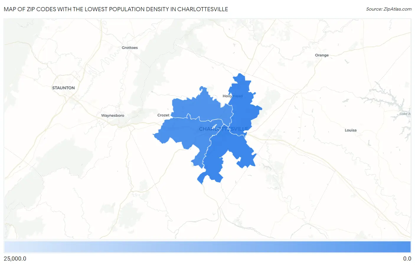 Zip Codes with the Lowest Population Density in Charlottesville Map