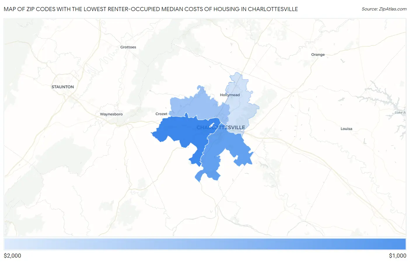Zip Codes with the Lowest Renter-Occupied Median Costs of Housing in Charlottesville Map