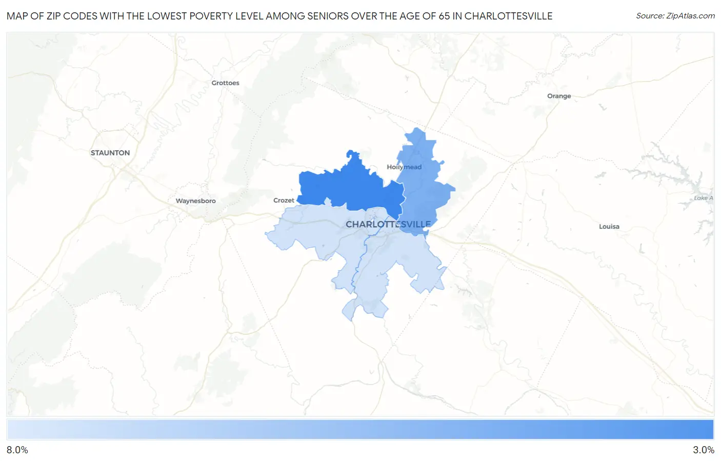 Zip Codes with the Lowest Poverty Level Among Seniors Over the Age of 65 in Charlottesville Map