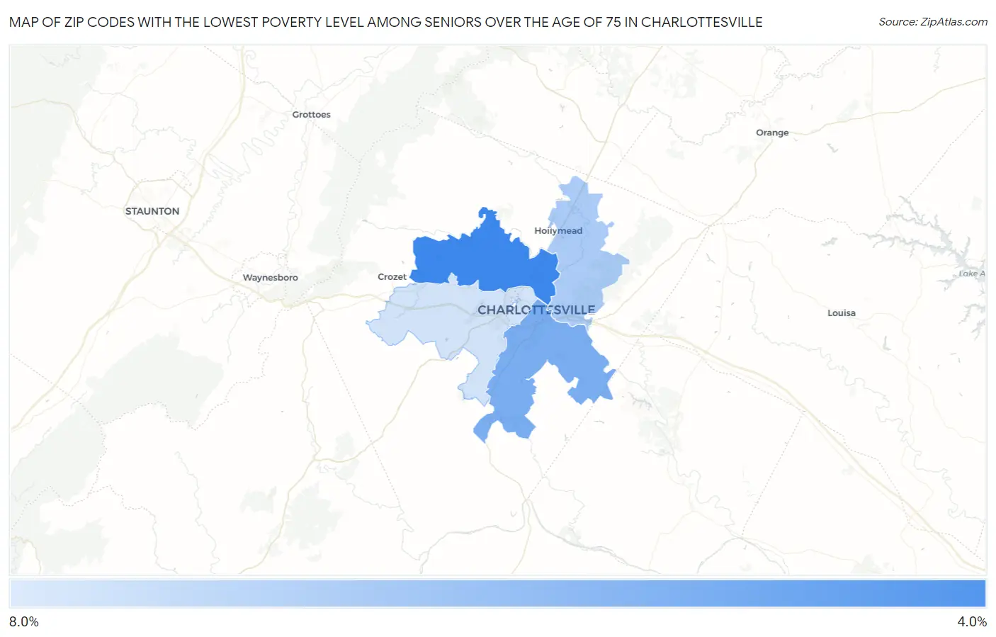 Zip Codes with the Lowest Poverty Level Among Seniors Over the Age of 75 in Charlottesville Map