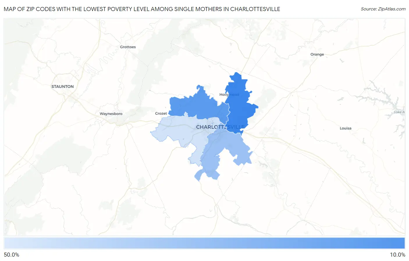 Zip Codes with the Lowest Poverty Level Among Single Mothers in Charlottesville Map