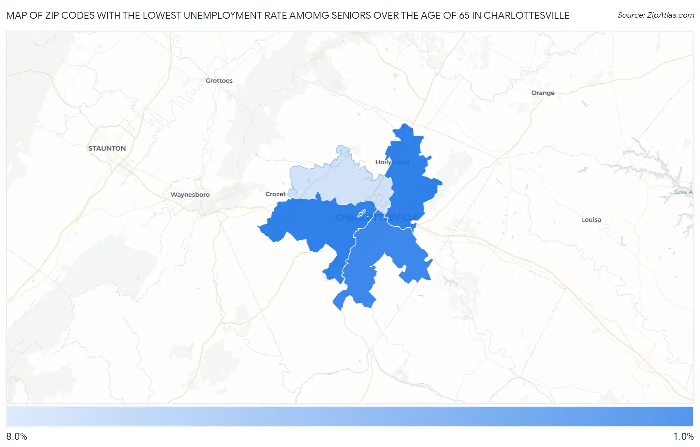 Zip Codes with the Lowest Unemployment Rate Amomg Seniors Over the Age of 65 in Charlottesville Map