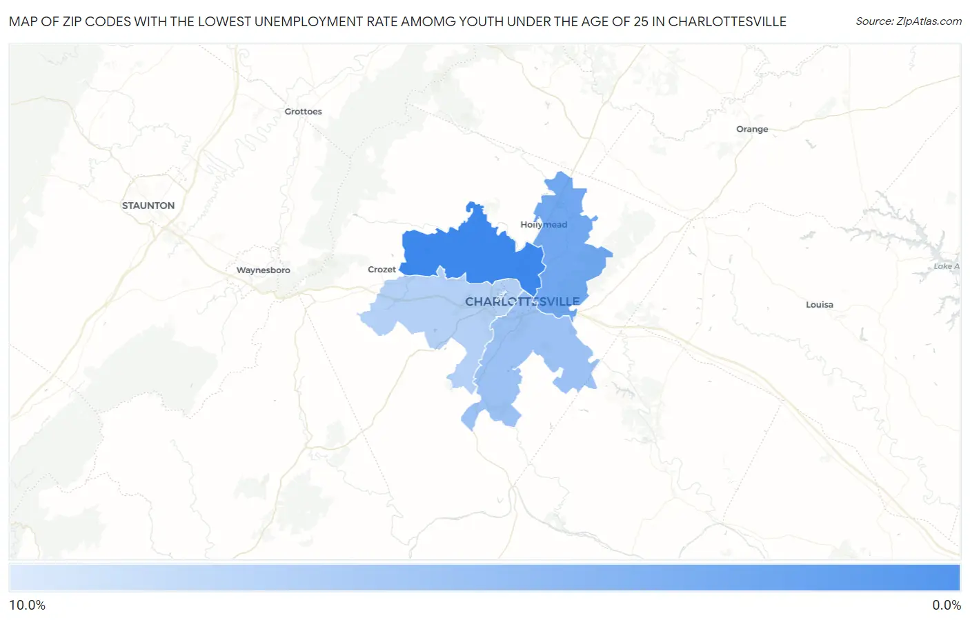 Zip Codes with the Lowest Unemployment Rate Amomg Youth Under the Age of 25 in Charlottesville Map