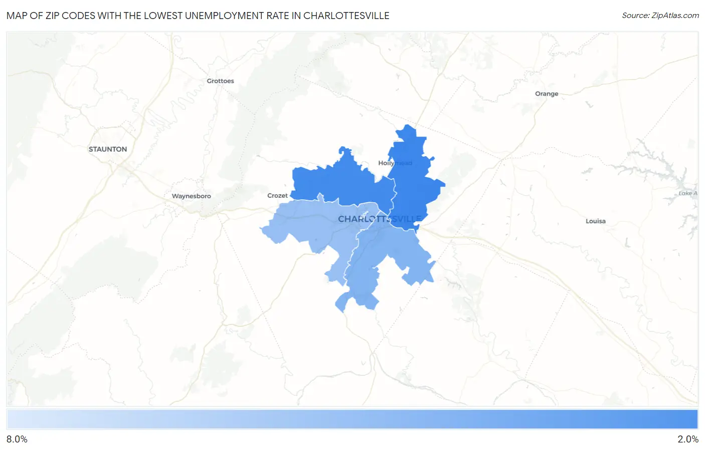 Zip Codes with the Lowest Unemployment Rate in Charlottesville Map