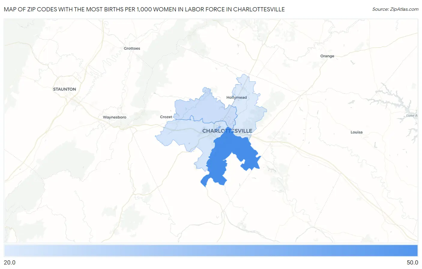 Zip Codes with the Most Births per 1,000 Women in Labor Force in Charlottesville Map