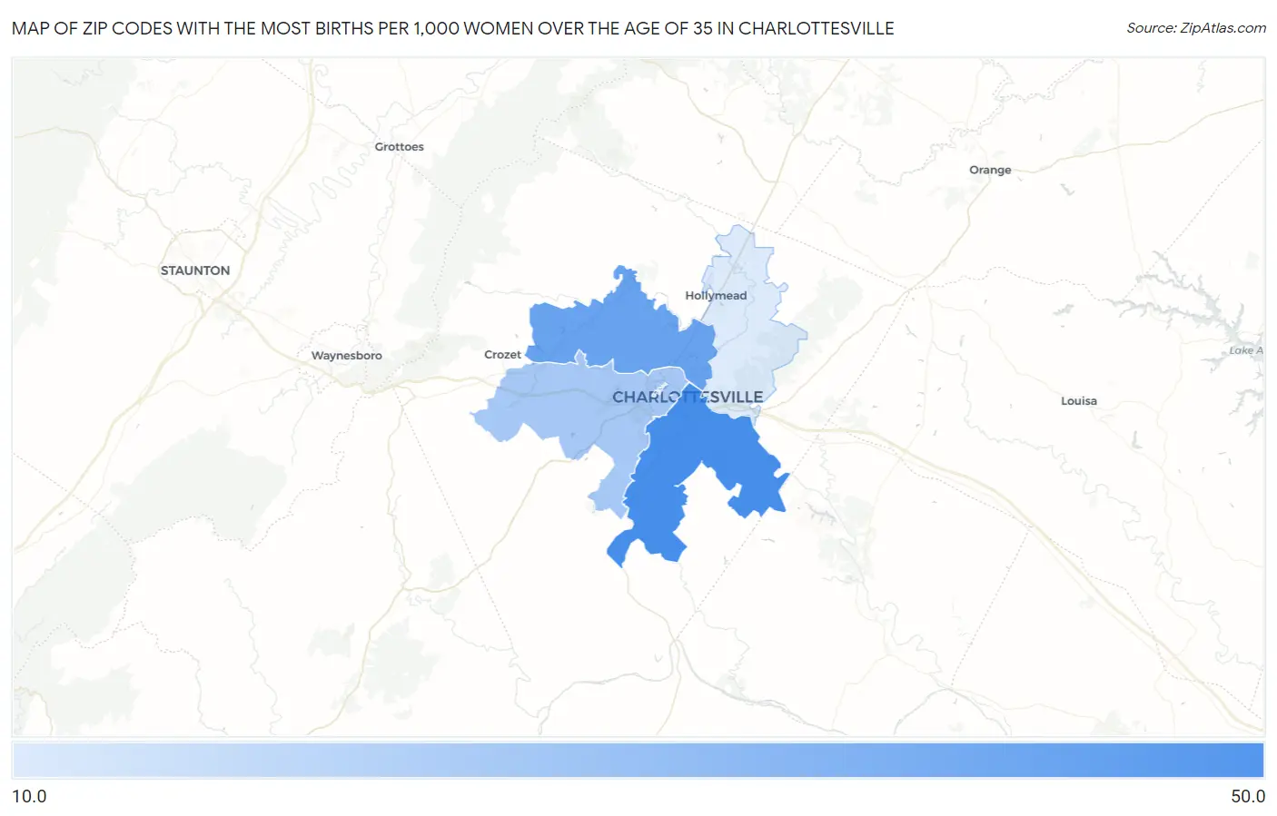Zip Codes with the Most Births per 1,000 Women Over the Age of 35 in Charlottesville Map