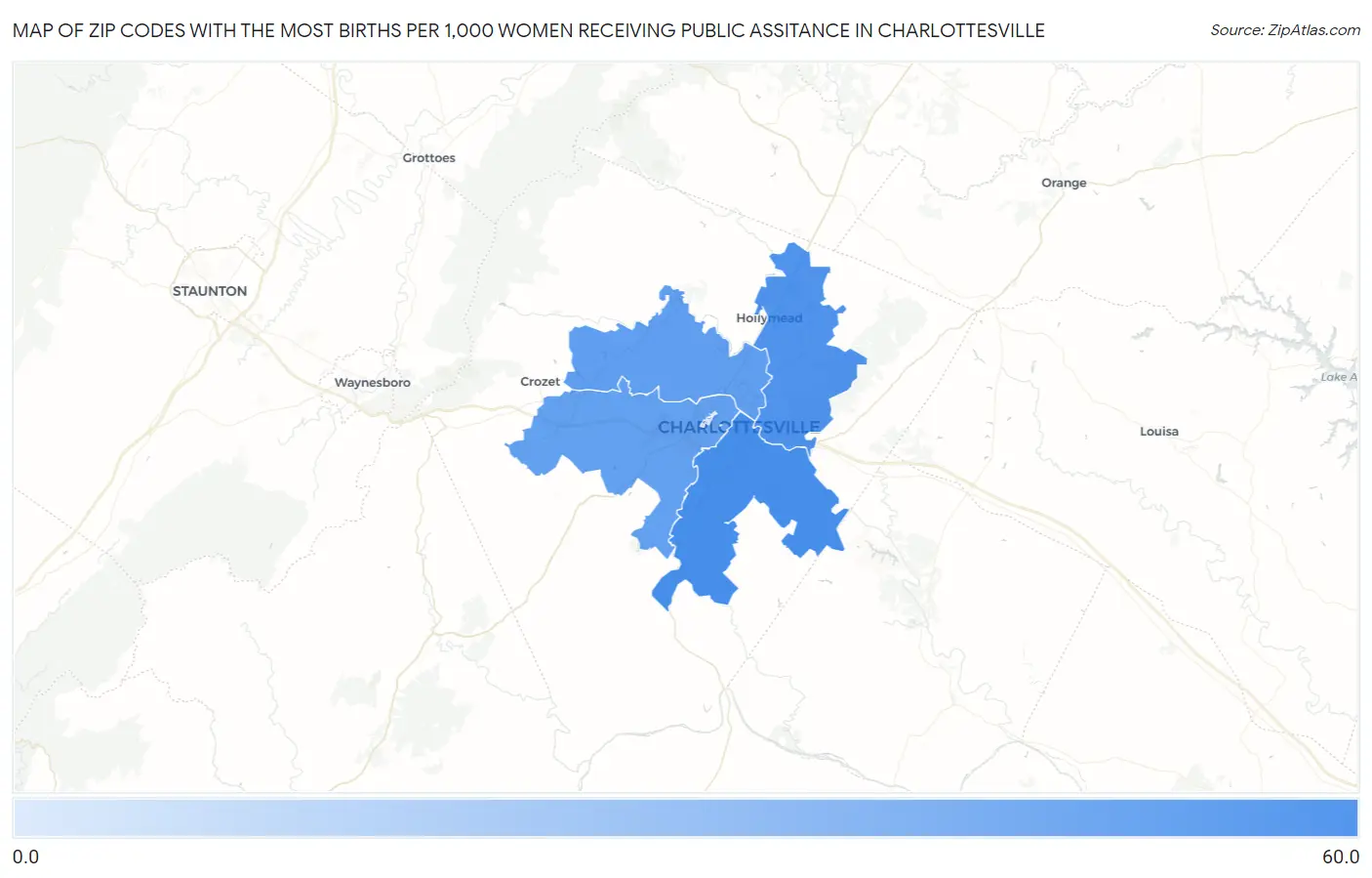 Zip Codes with the Most Births per 1,000 Women Receiving Public Assitance in Charlottesville Map