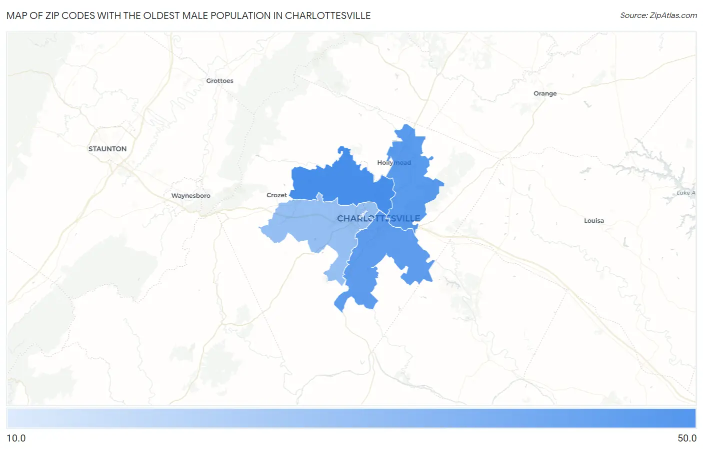 Zip Codes with the Oldest Male Population in Charlottesville Map