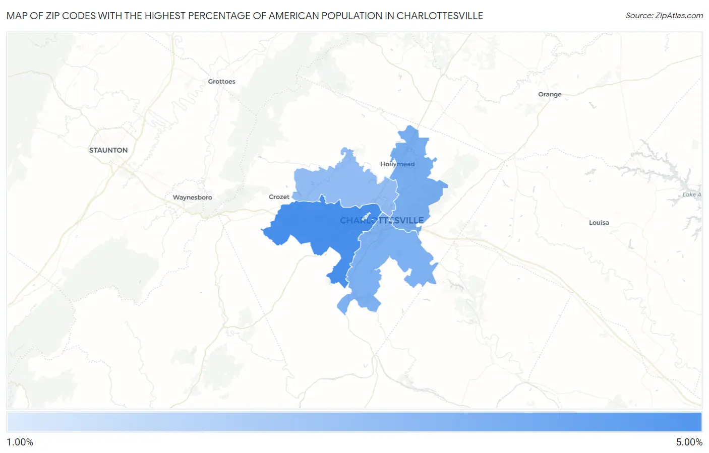 Zip Codes with the Highest Percentage of American Population in Charlottesville Map