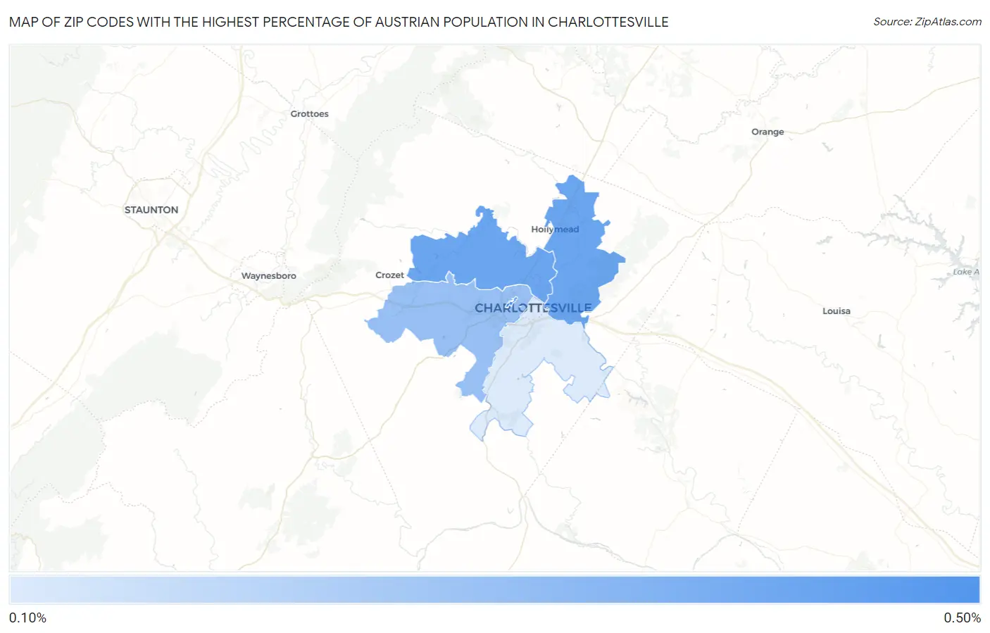 Zip Codes with the Highest Percentage of Austrian Population in Charlottesville Map