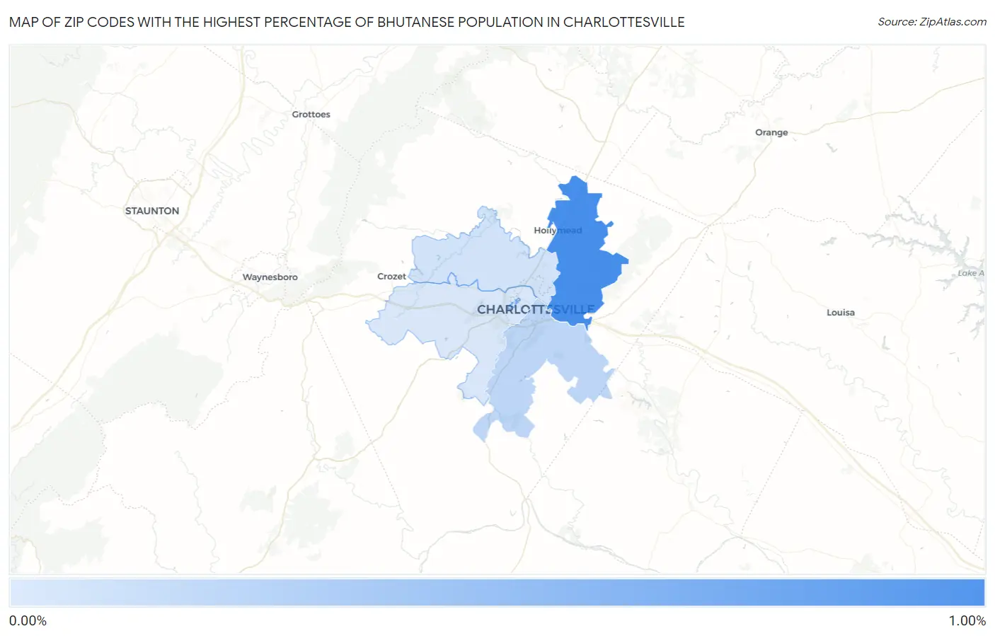 Zip Codes with the Highest Percentage of Bhutanese Population in Charlottesville Map