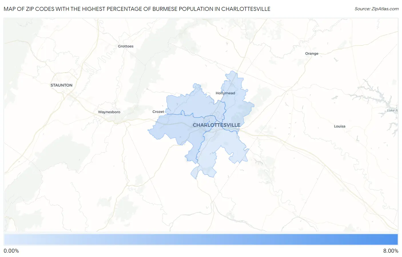 Zip Codes with the Highest Percentage of Burmese Population in Charlottesville Map