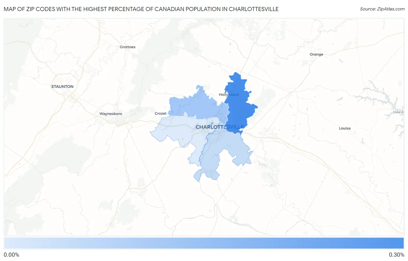 Zip Codes with the Highest Percentage of Canadian Population in Charlottesville Map