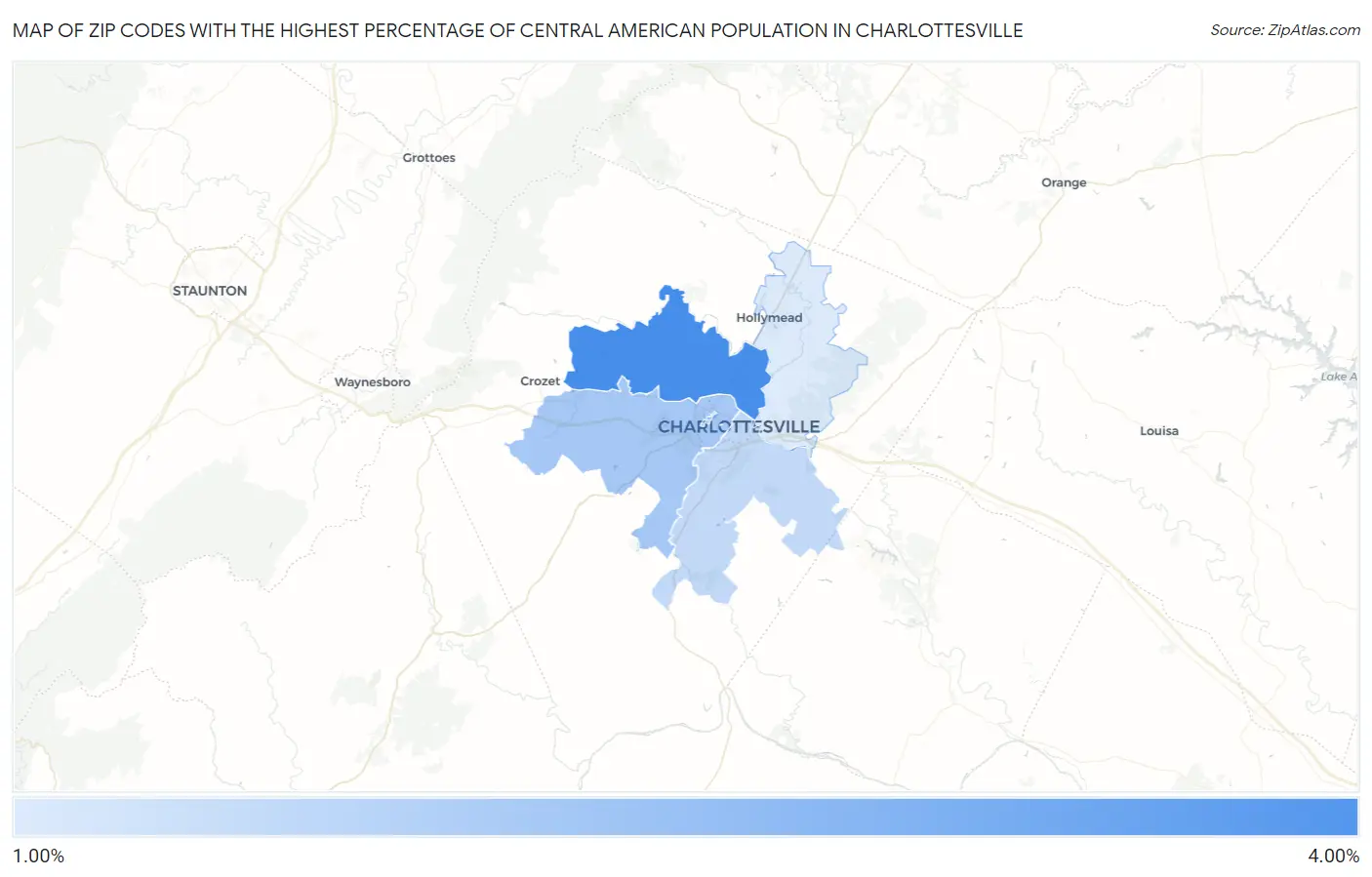 Zip Codes with the Highest Percentage of Central American Population in Charlottesville Map
