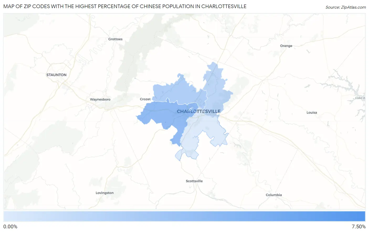 Zip Codes with the Highest Percentage of Chinese Population in Charlottesville Map