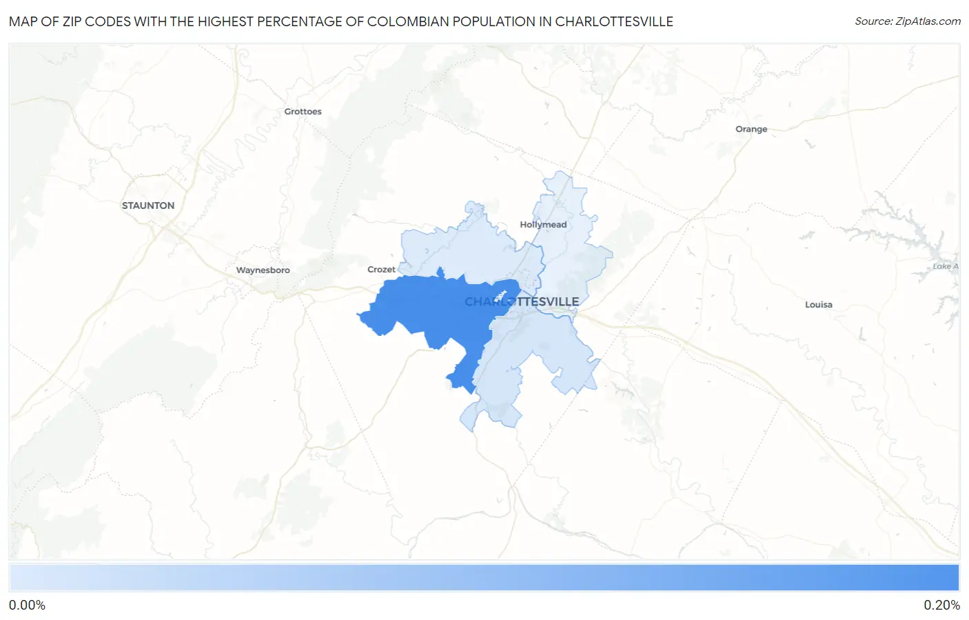 Zip Codes with the Highest Percentage of Colombian Population in Charlottesville Map