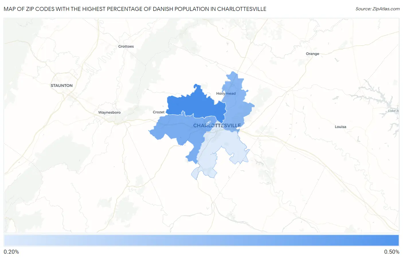 Zip Codes with the Highest Percentage of Danish Population in Charlottesville Map
