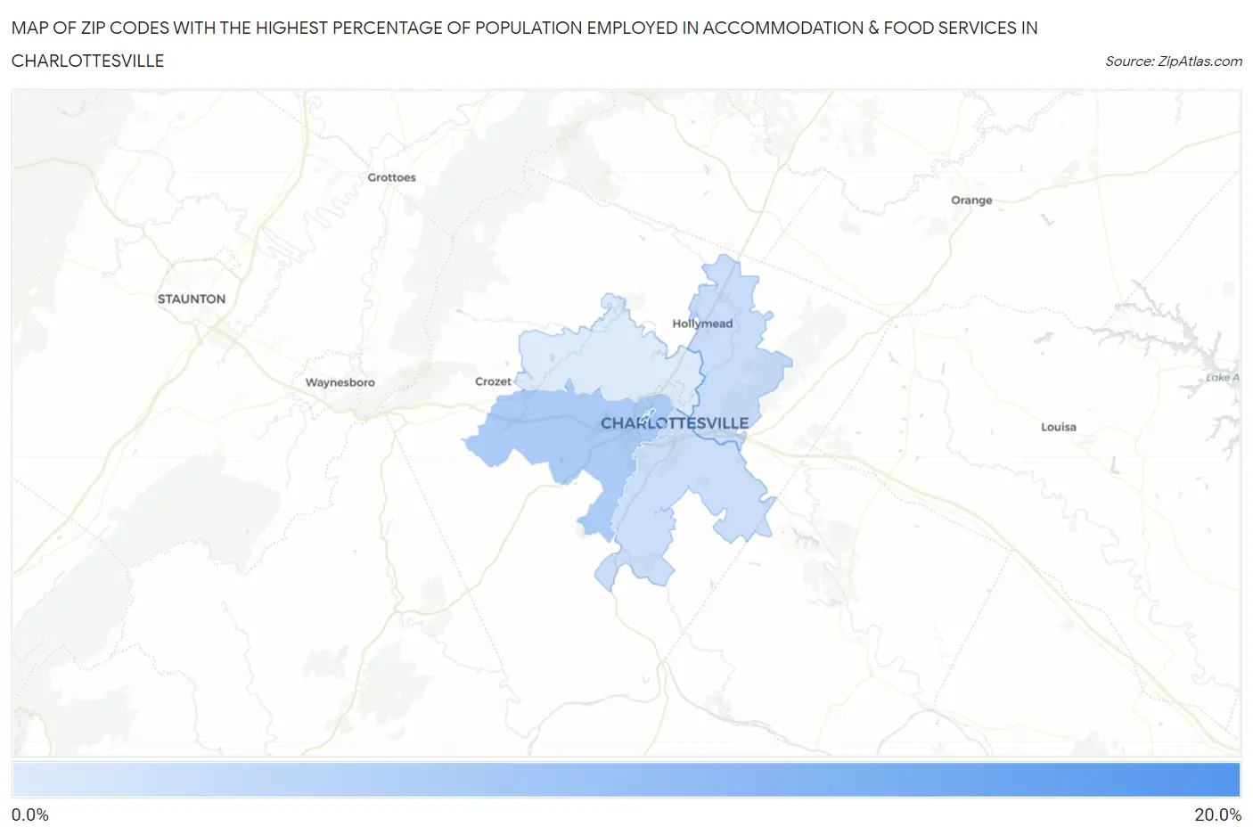 Zip Codes with the Highest Percentage of Population Employed in Accommodation & Food Services in Charlottesville Map