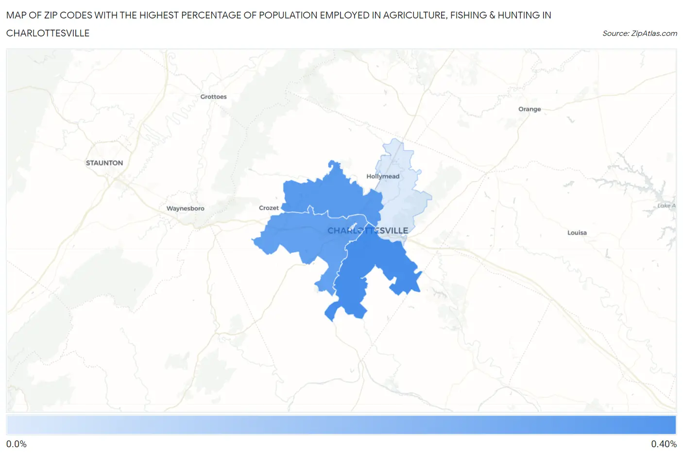 Zip Codes with the Highest Percentage of Population Employed in Agriculture, Fishing & Hunting in Charlottesville Map