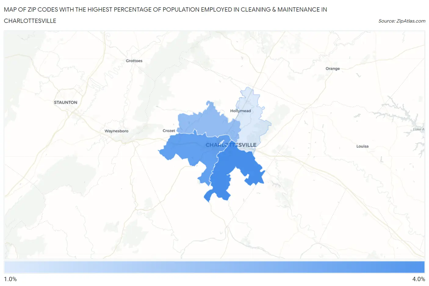 Zip Codes with the Highest Percentage of Population Employed in Cleaning & Maintenance in Charlottesville Map