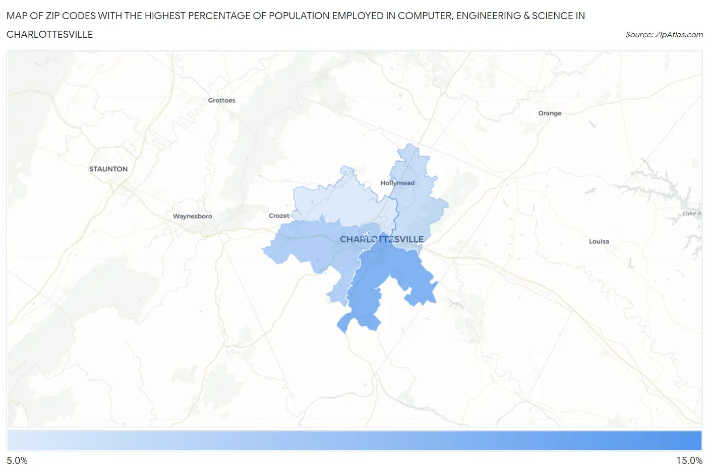 Zip Codes with the Highest Percentage of Population Employed in Computer, Engineering & Science in Charlottesville Map