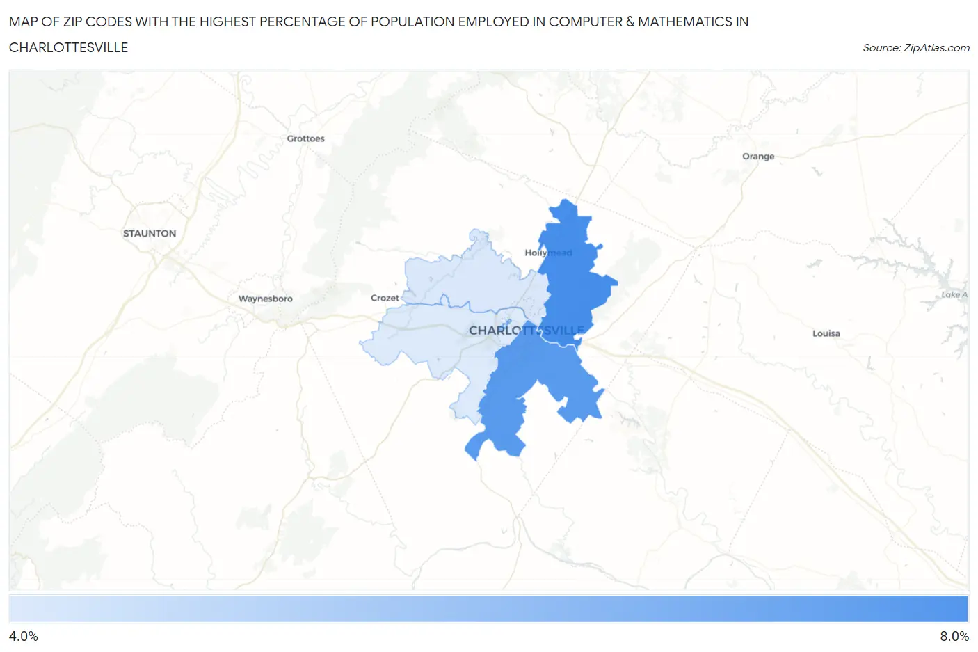 Zip Codes with the Highest Percentage of Population Employed in Computer & Mathematics in Charlottesville Map
