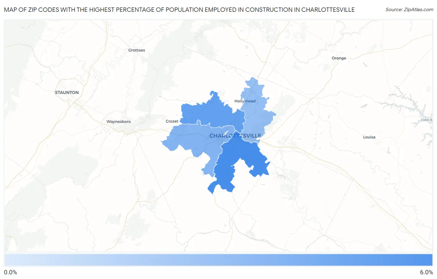 Zip Codes with the Highest Percentage of Population Employed in Construction in Charlottesville Map