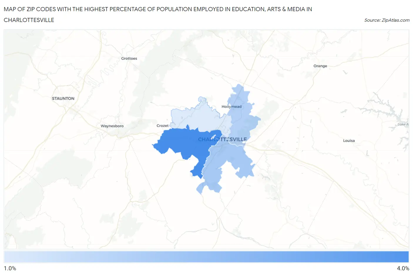 Zip Codes with the Highest Percentage of Population Employed in Education, Arts & Media in Charlottesville Map