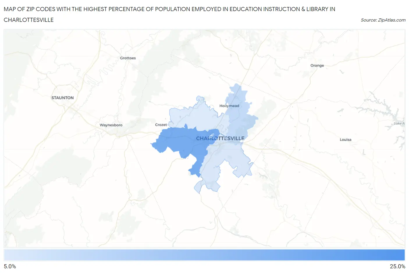 Zip Codes with the Highest Percentage of Population Employed in Education Instruction & Library in Charlottesville Map