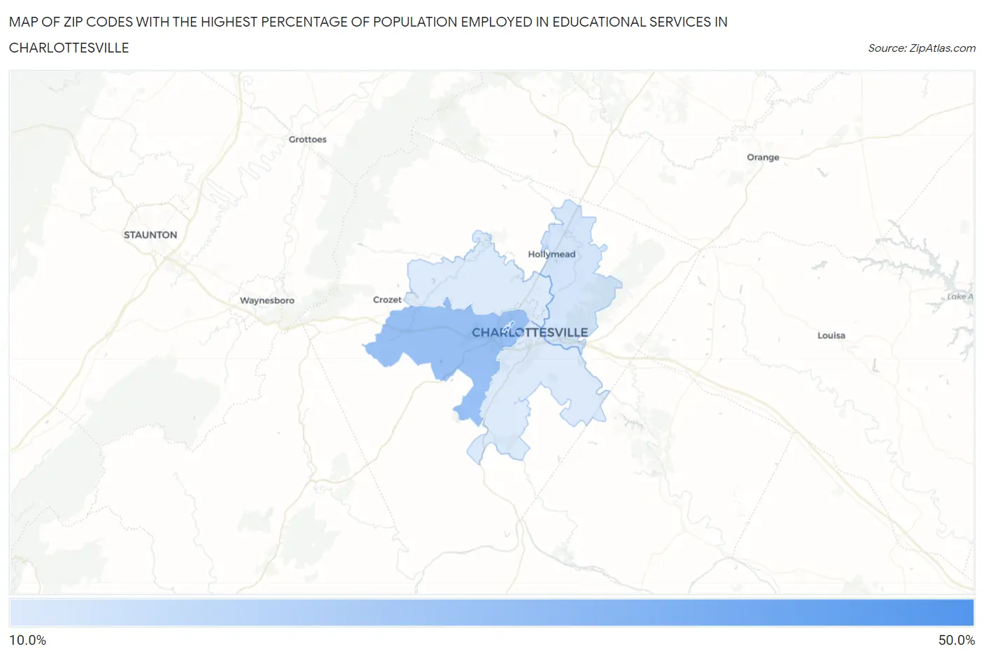 Zip Codes with the Highest Percentage of Population Employed in Educational Services in Charlottesville Map