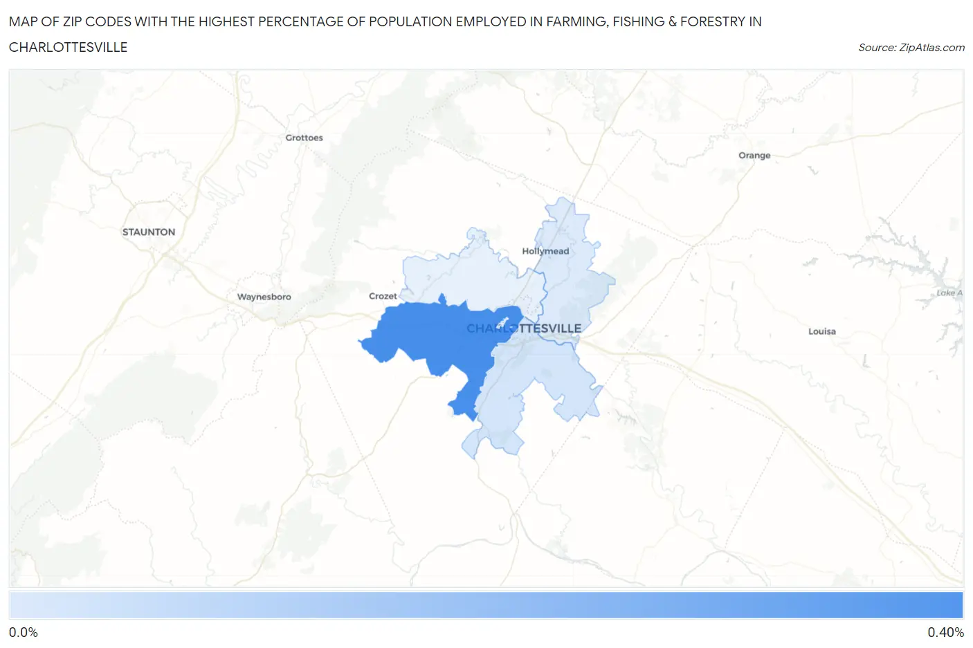 Zip Codes with the Highest Percentage of Population Employed in Farming, Fishing & Forestry in Charlottesville Map