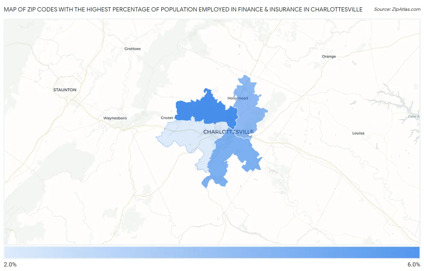 Zip Codes with the Highest Percentage of Population Employed in Finance & Insurance in Charlottesville Map