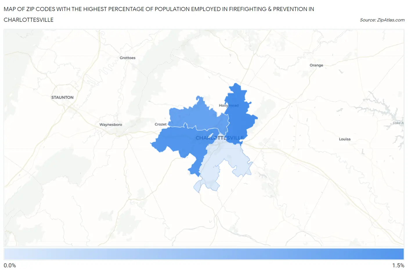 Zip Codes with the Highest Percentage of Population Employed in Firefighting & Prevention in Charlottesville Map