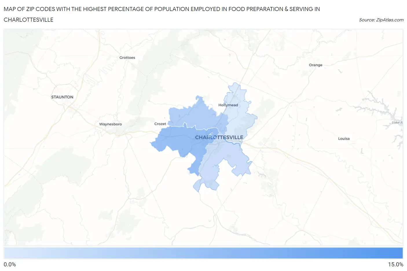 Zip Codes with the Highest Percentage of Population Employed in Food Preparation & Serving in Charlottesville Map