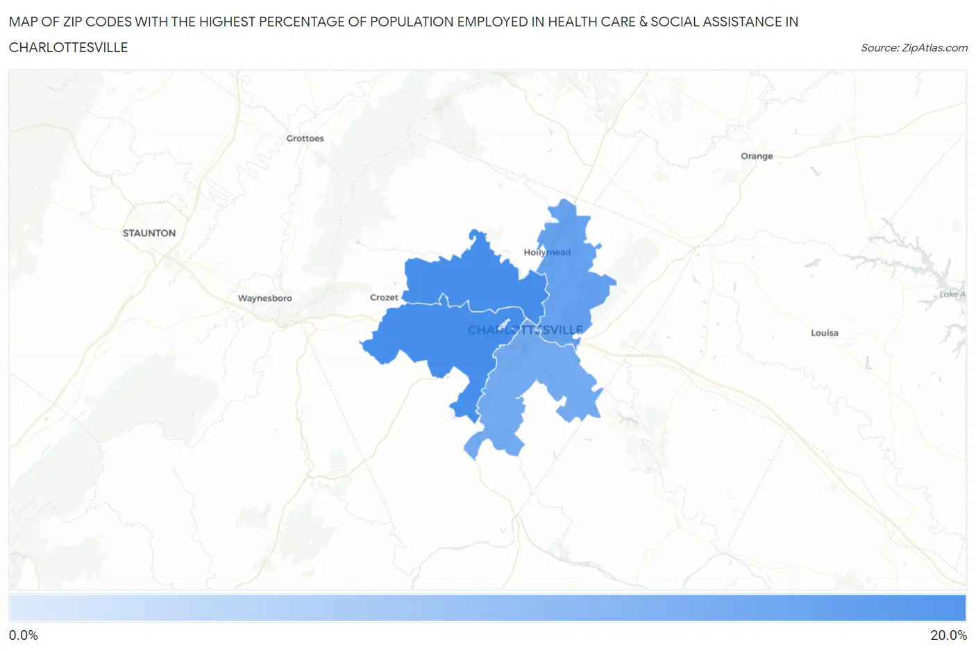 Zip Codes with the Highest Percentage of Population Employed in Health Care & Social Assistance in Charlottesville Map