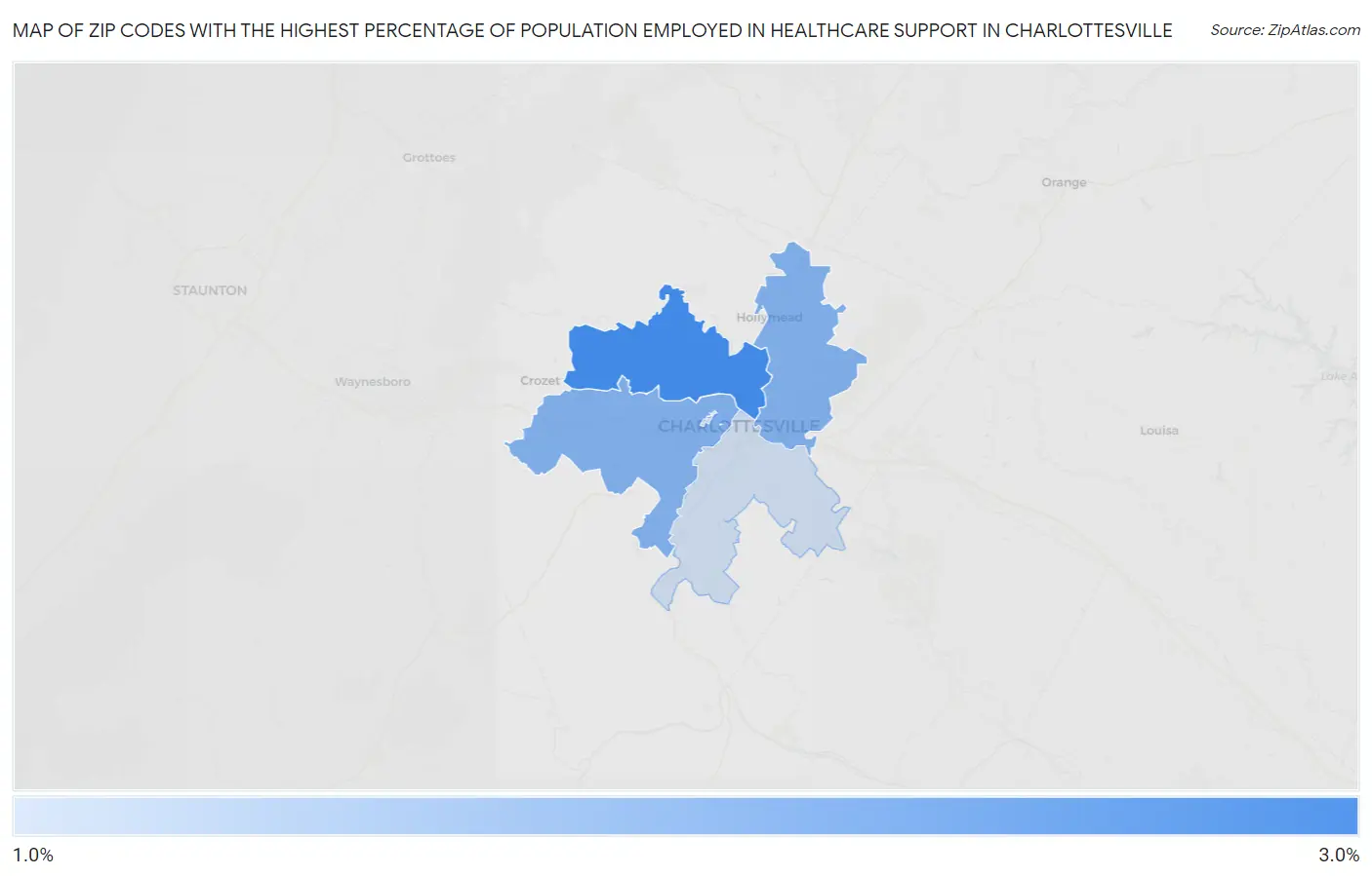 Zip Codes with the Highest Percentage of Population Employed in Healthcare Support in Charlottesville Map