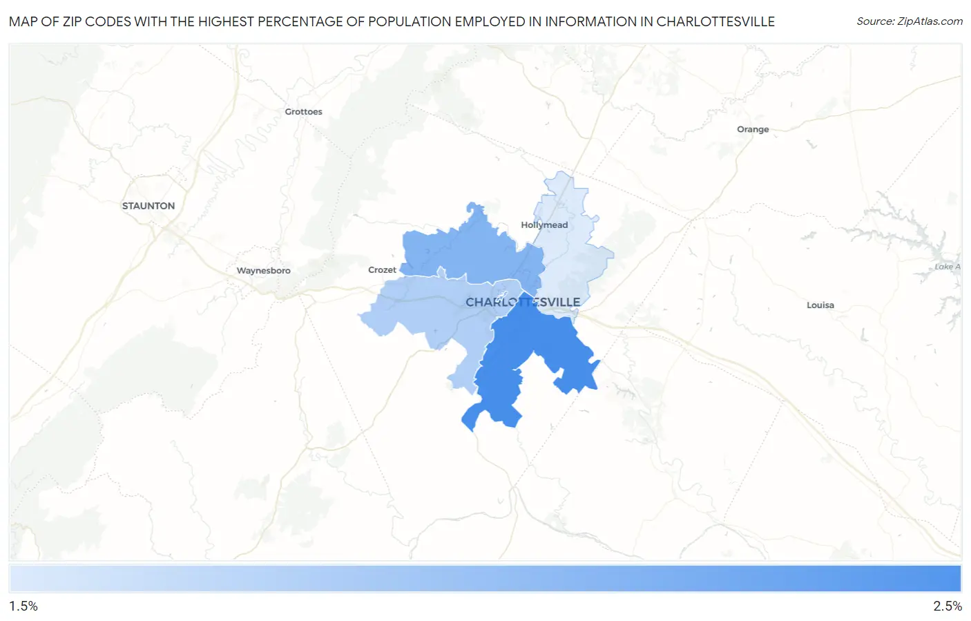 Zip Codes with the Highest Percentage of Population Employed in Information in Charlottesville Map
