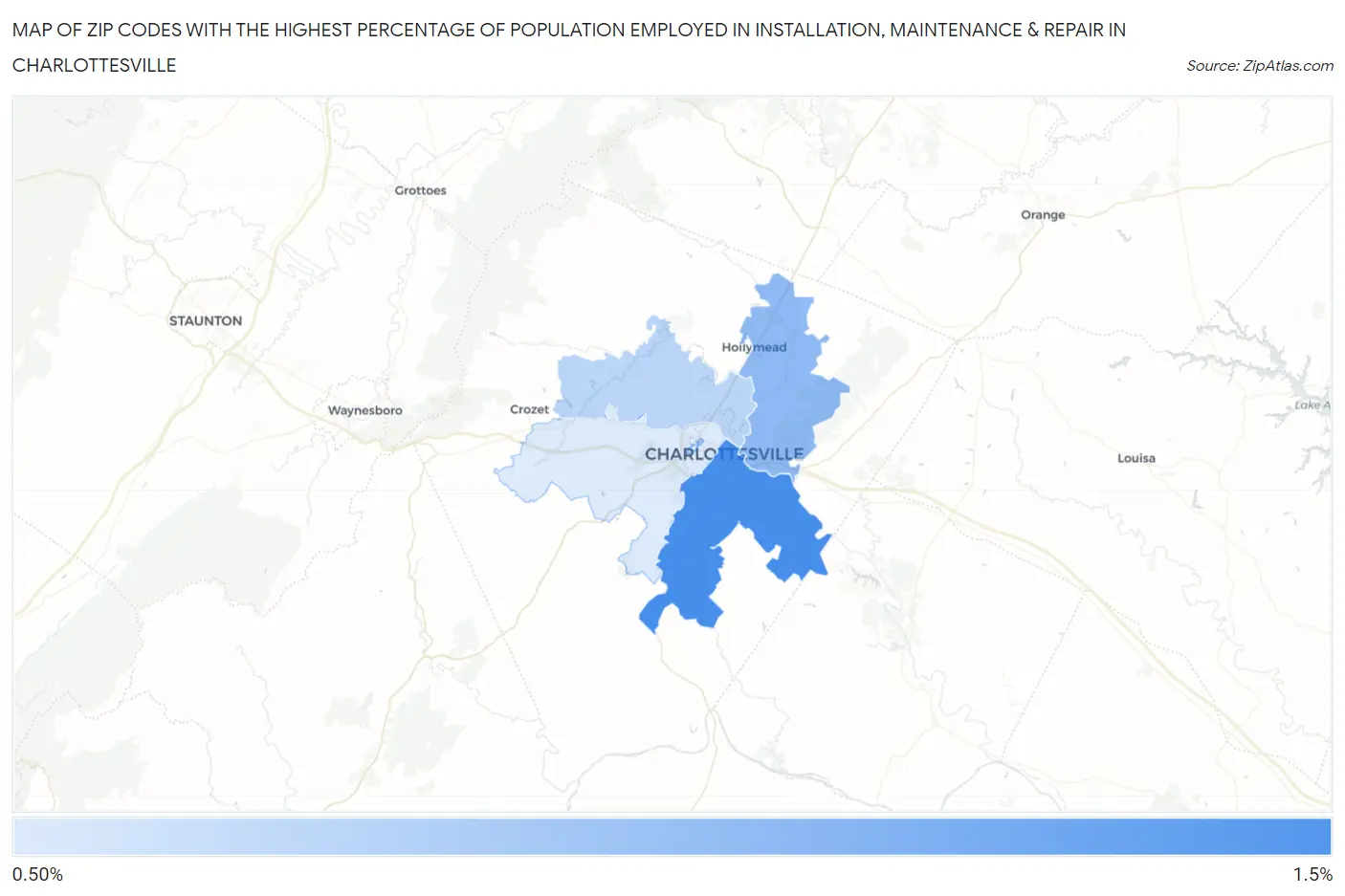 Zip Codes with the Highest Percentage of Population Employed in Installation, Maintenance & Repair in Charlottesville Map