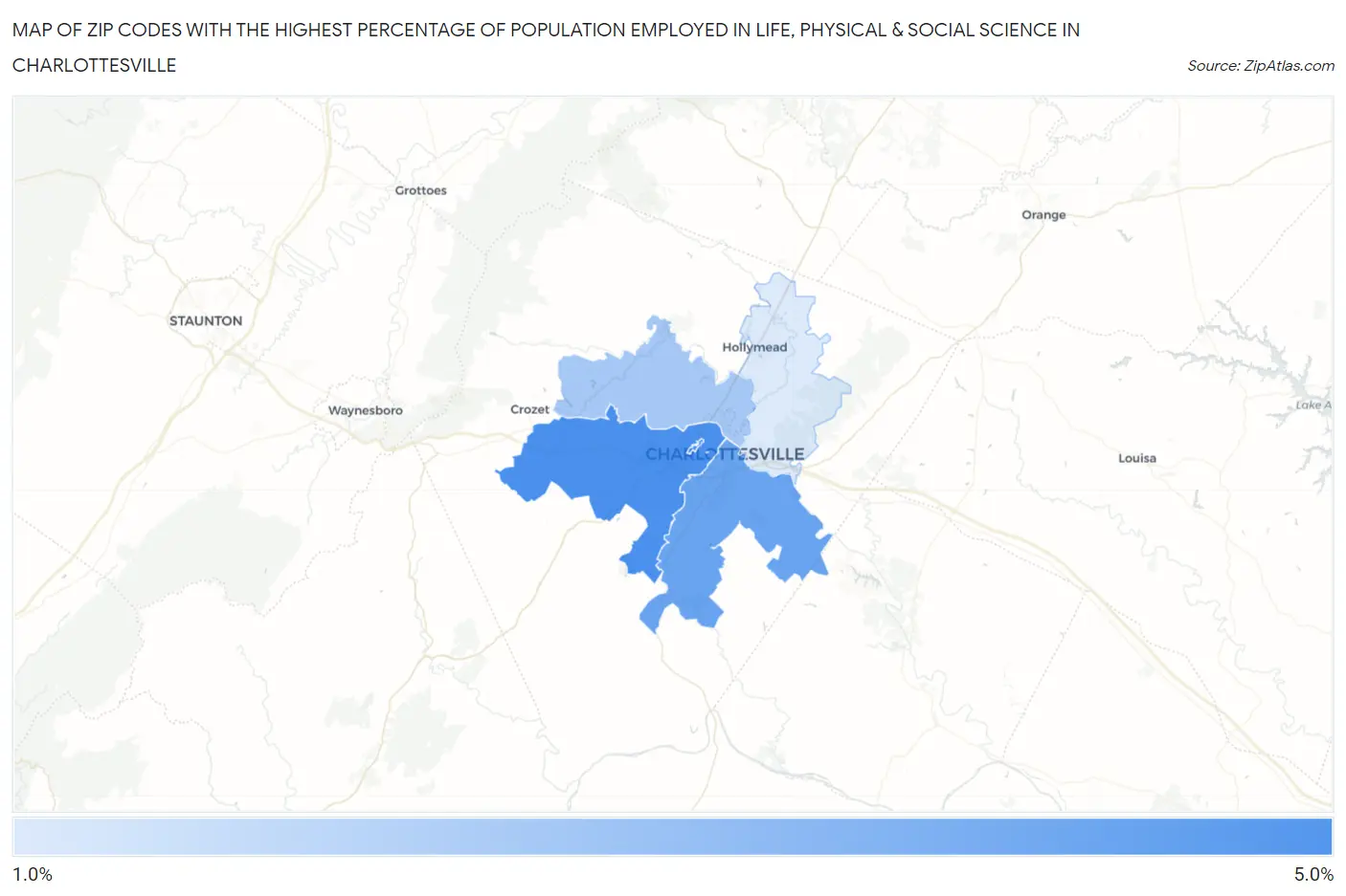 Zip Codes with the Highest Percentage of Population Employed in Life, Physical & Social Science in Charlottesville Map