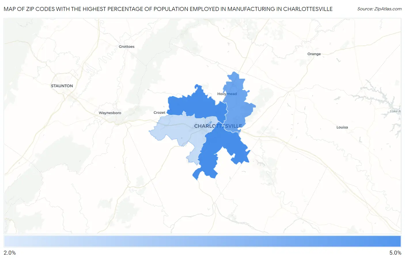 Zip Codes with the Highest Percentage of Population Employed in Manufacturing in Charlottesville Map
