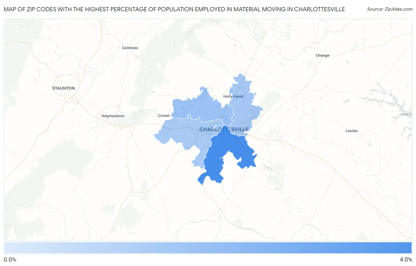 Zip Codes with the Highest Percentage of Population Employed in Material Moving in Charlottesville Map