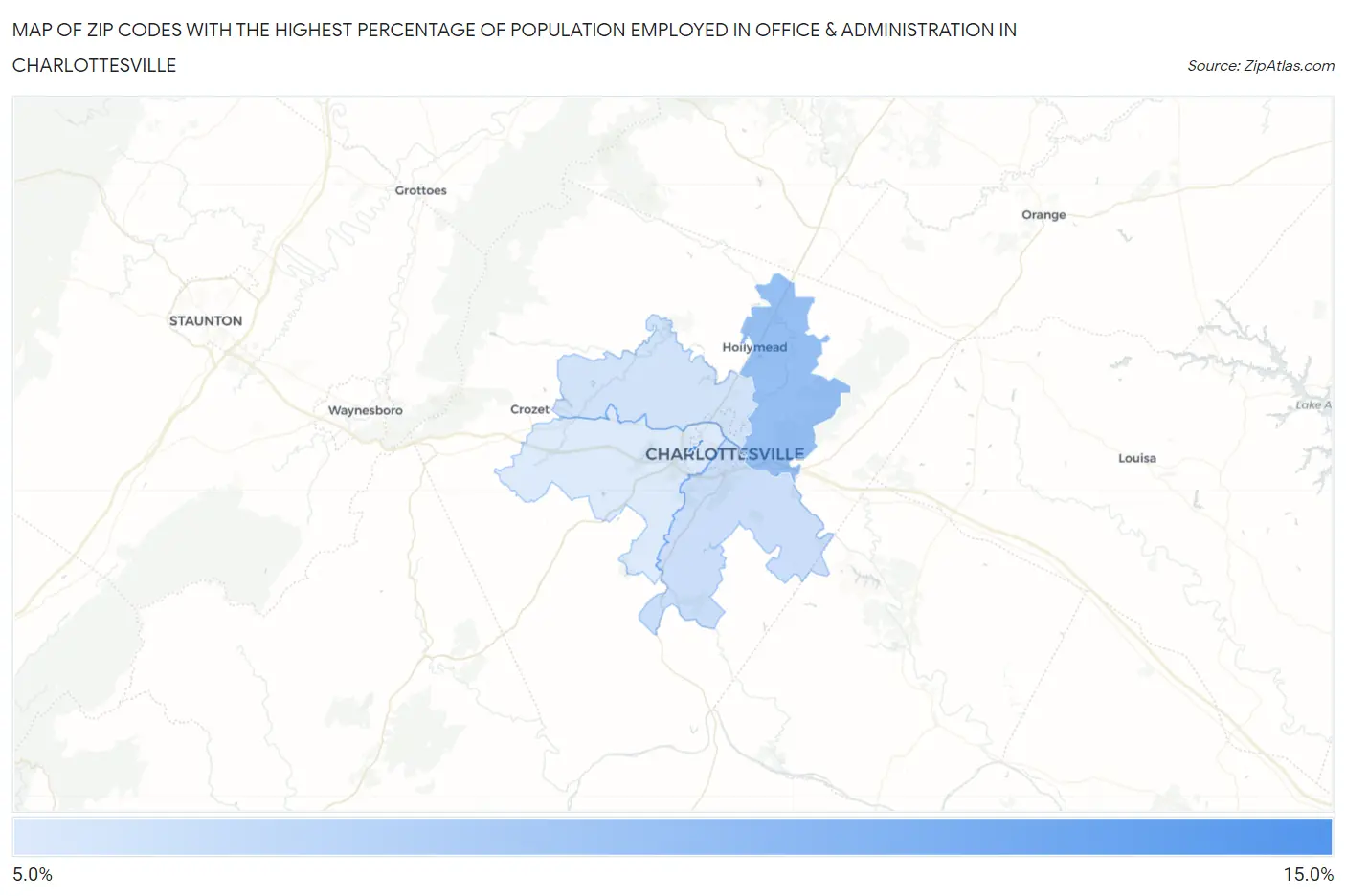 Zip Codes with the Highest Percentage of Population Employed in Office & Administration in Charlottesville Map
