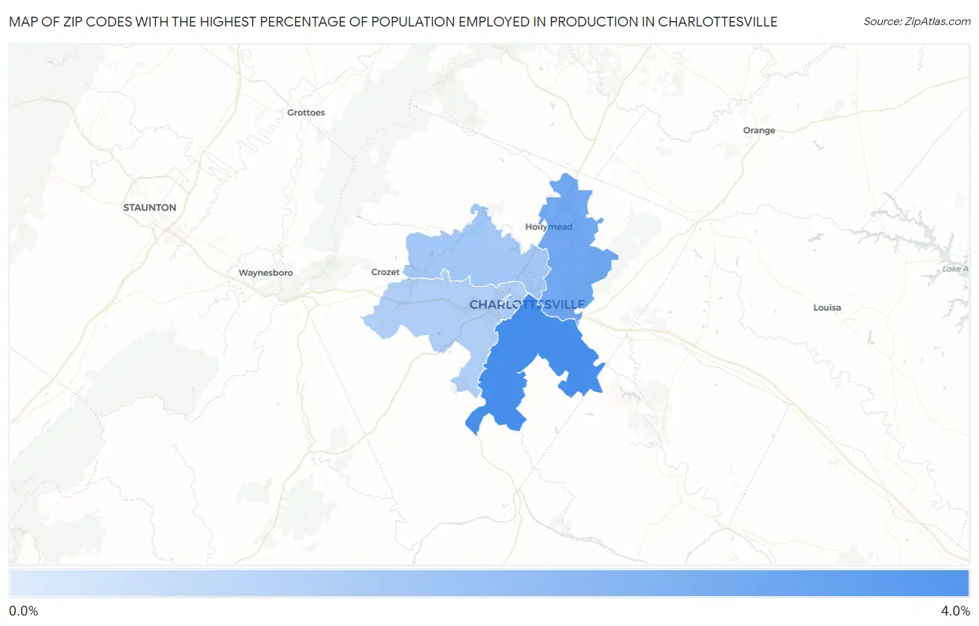 Zip Codes with the Highest Percentage of Population Employed in Production in Charlottesville Map