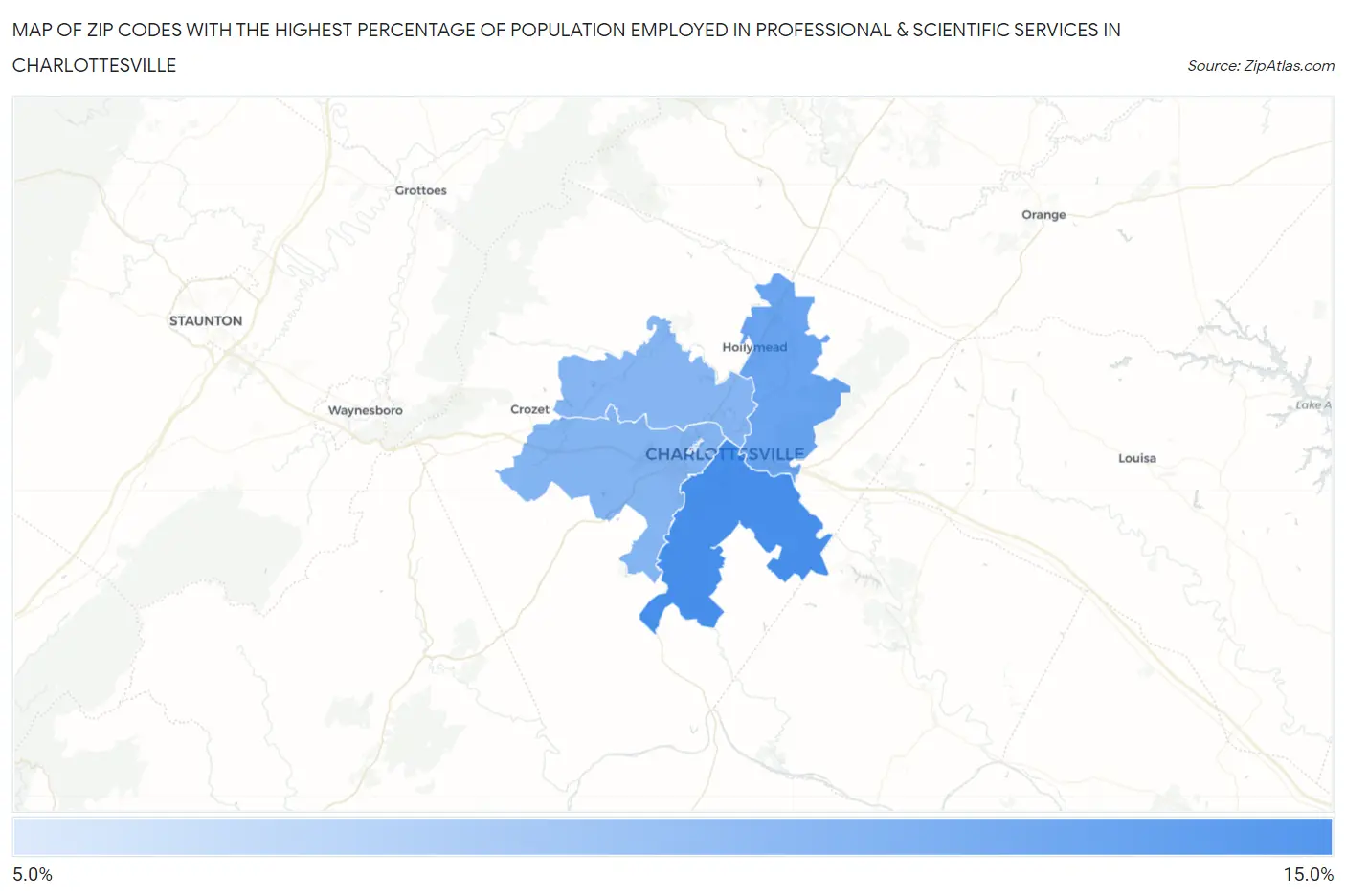 Zip Codes with the Highest Percentage of Population Employed in Professional & Scientific Services in Charlottesville Map