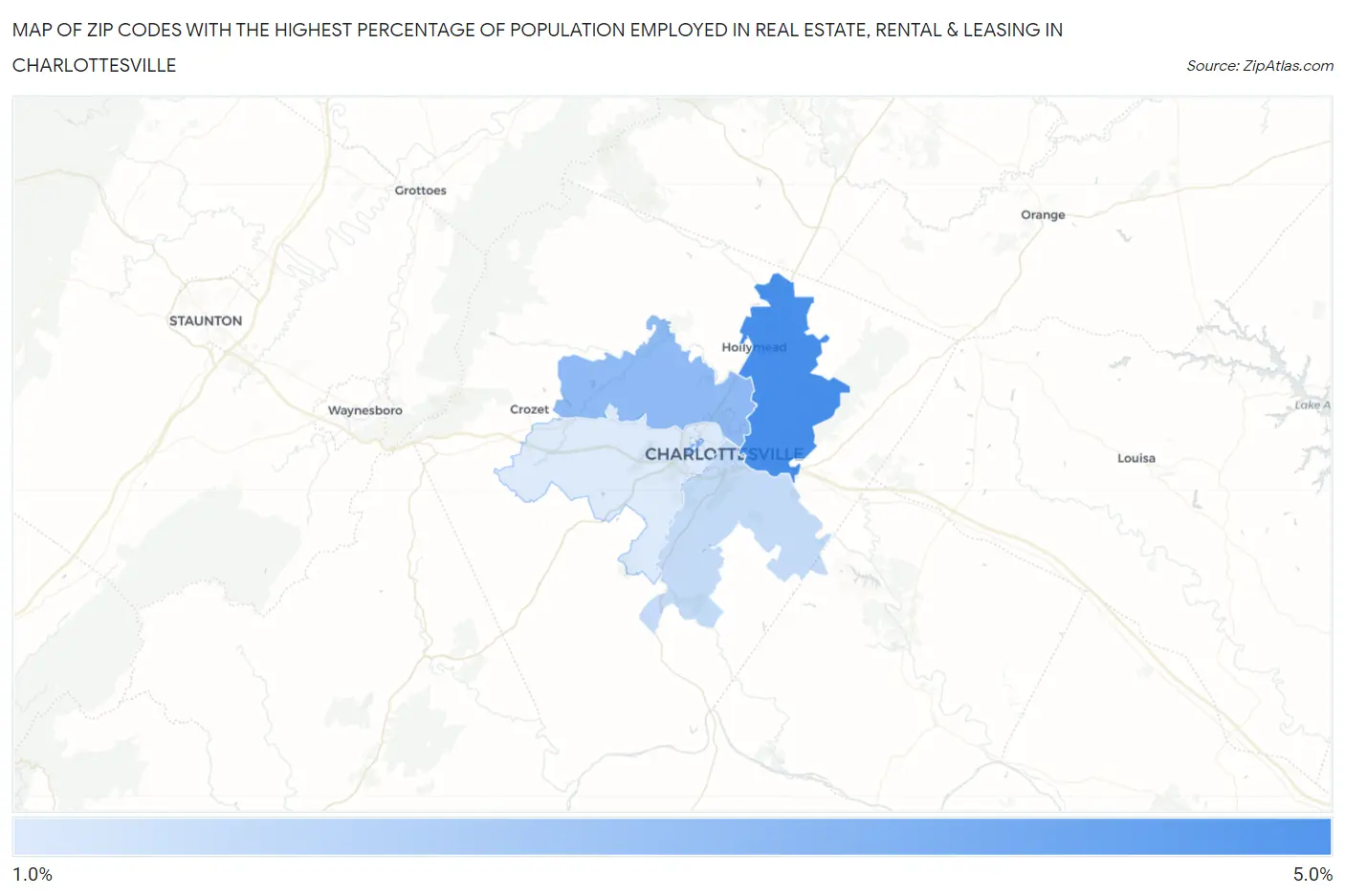 Zip Codes with the Highest Percentage of Population Employed in Real Estate, Rental & Leasing in Charlottesville Map